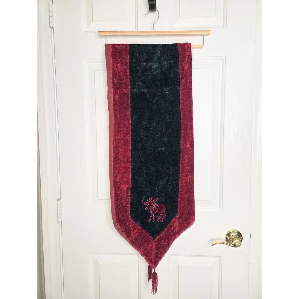 Vintage Christmas Chenille Table Runner Red Green Embroidered Moose Tassel